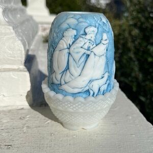Fenton VTG Blue Nativity Fairy Light Lamp Christmas Signed D. Burrow Milk Glass